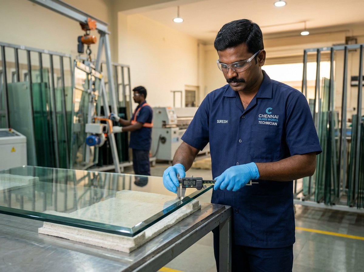 Artisan inspecting toughened glass sheet