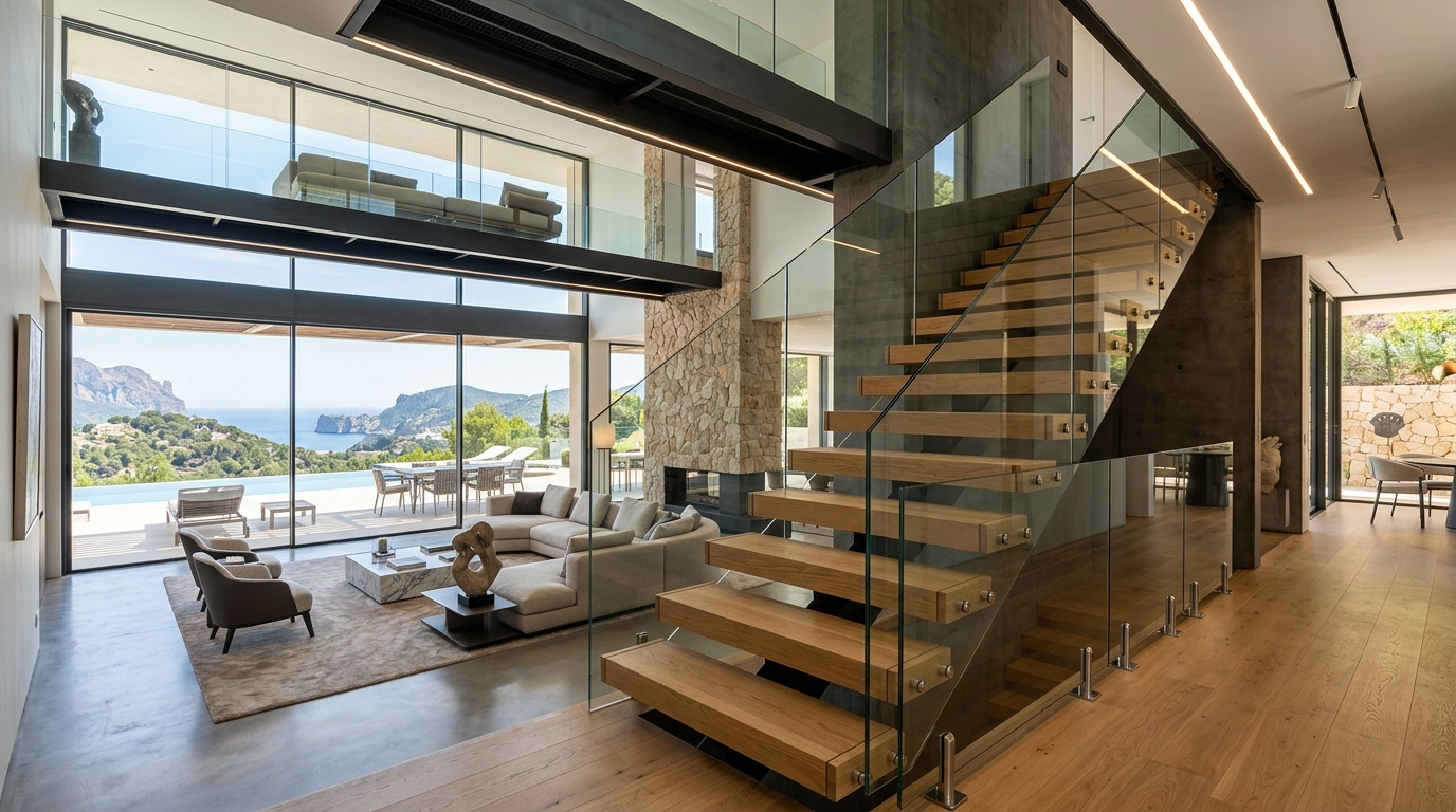 Luxury Villa Floating Staircase Glass Balustrade